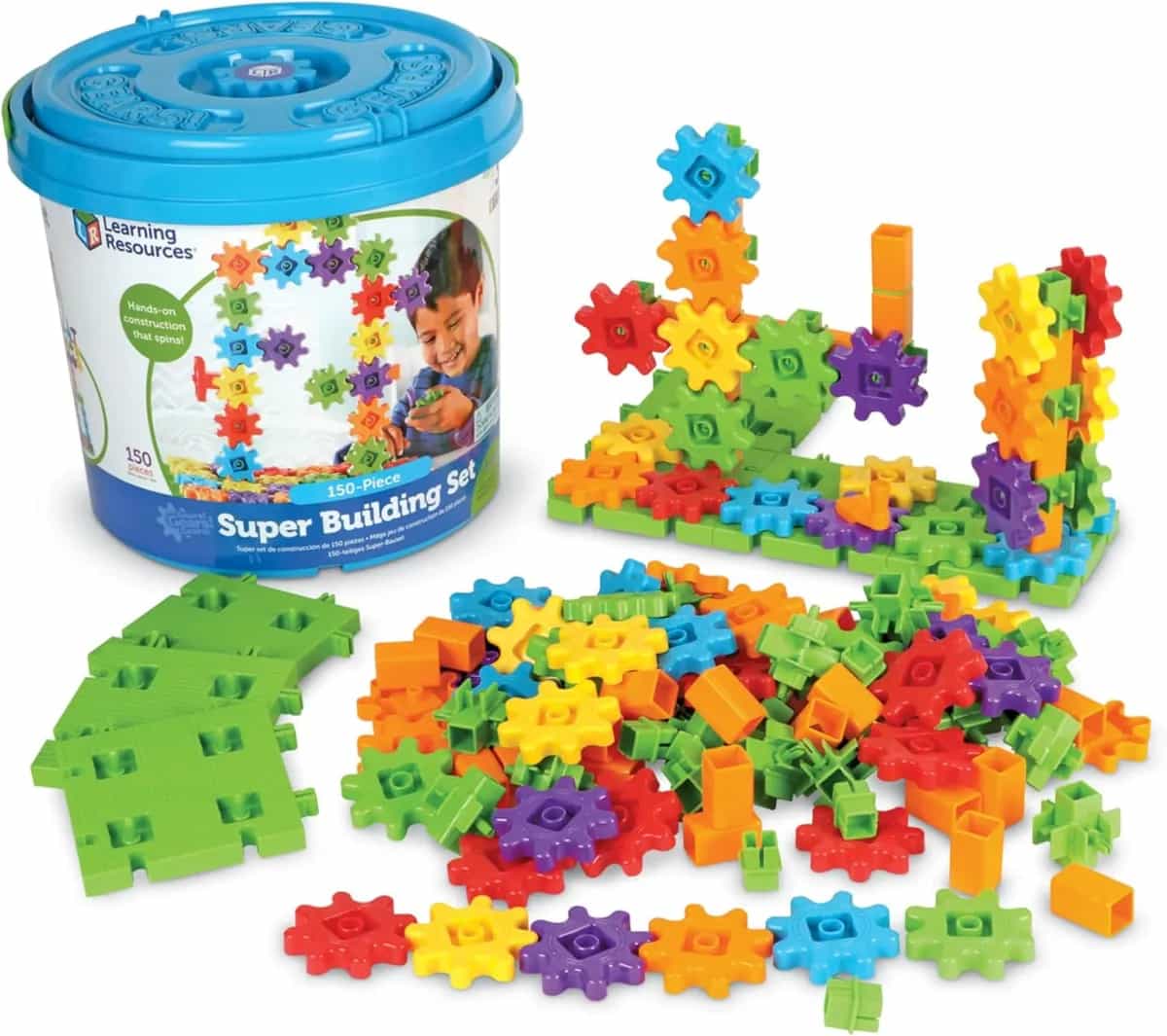 Learning Resources ¡Engranajes! ¡Engranajes! ¡Engranajes! Super Building Toy Set, juguetes STEM, juguetes de construcción, engranajes para niños, 150 piezas, edades 3+, azul