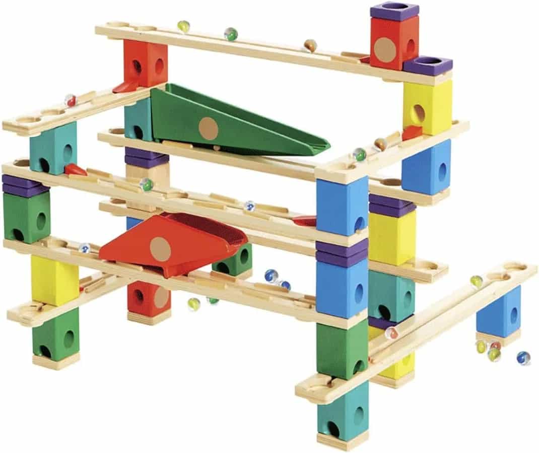 Construcción de pista de canicas de madera Quadrilla Vertigo de Hape con instrucciones | Juguetes educativos de aprendizaje STEM de 134 PIEZAS para niños