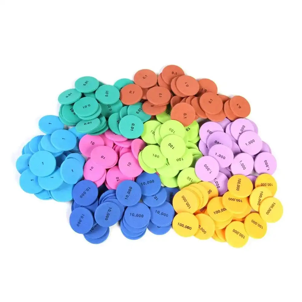 hand2mind Discos de valor posicional de espuma suave, 8 valores, fichas de conteo para niños, contadores de matemáticas, jardín de infantes, suministros para profesores de matemáticas, base 10 manipul