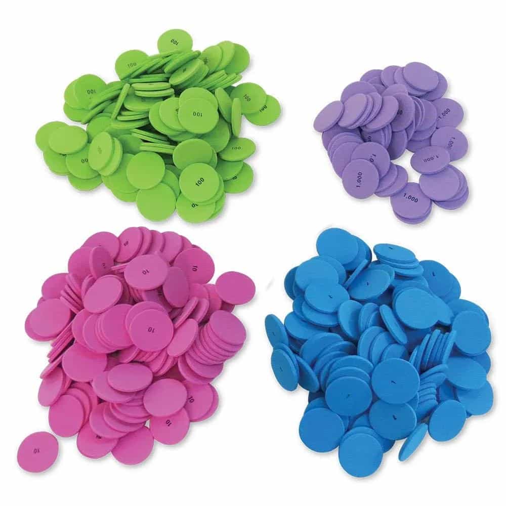 hand2mind Discos de valor posicional de espuma suave, 4 valores, fichas de conteo para niños, contadores de matemáticas, jardín de infantes, suministros para profesores de matemáticas, manipuladores d