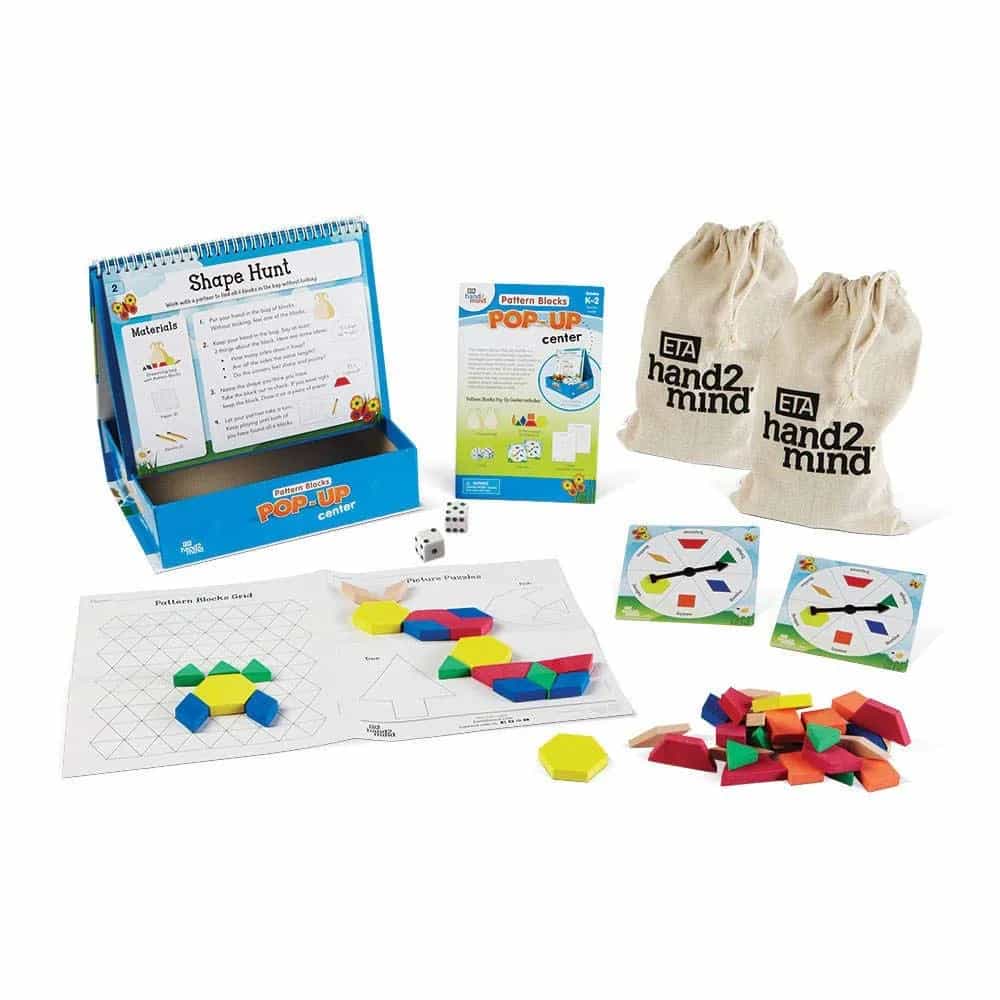 hand2mind Bloques de patrones Centro de actividades de aprendizaje emergente, crear y jugar bloques de patrones, formas de espuma, manipuladores de formas 3D, formas geométricas para niños, formas de