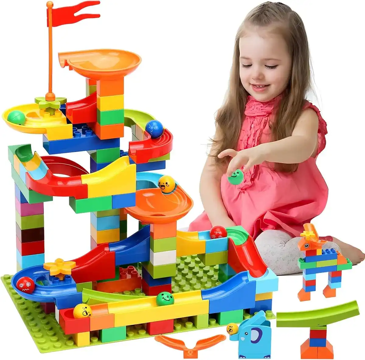 COUOMOXA Juego de 110 piezas de canicas, juguete de bloques de construcción STEM | Kit de construcción de pista de carreras de laberinto de mármol para niños de 3 a 5 años, 4 a 8, 8 a 12 años, regalo