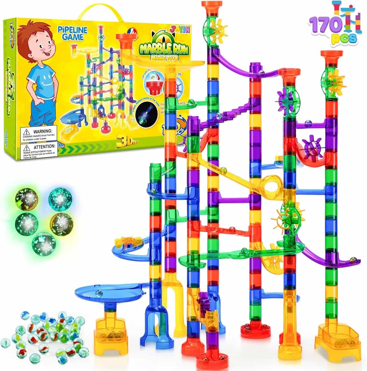 JOYIN 170 piezas de canicas brillantes, bloques de construcción de juguetes con 5 canicas de vidrio que brillan en la oscuridad, juguete educativo STEM, regalos de cumpleaños, cestas de Pascua