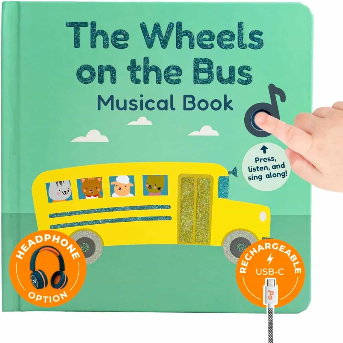 Calis Books Libro Las Ruedas del Autobús - Libro Musical Recargable, Conector para Auriculares, Libros para 1 año, Libro Musical para niños pequeños de 1 a 3 años, Juguete Musical para niños pequeños