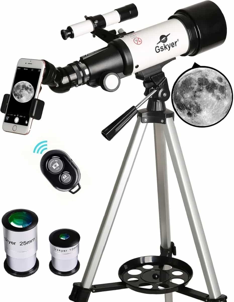 Telescopio Gskyer, telescopio refractor astronómico con montura AZ de 70 mm de apertura y 400 mm para niños principiantes, telescopio de viaje con bolsa de transporte, adaptador para teléfono y contro