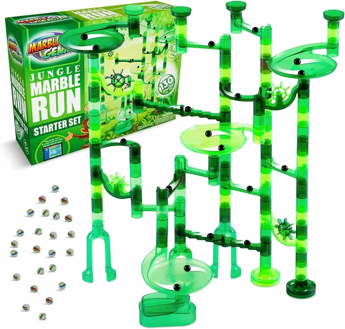 Set de Inicio Marble Genius Marble Run Juguete STEM para niños de 4 a 12 años - 130 piezas completas (80 piezas marbulosas translúcidas y 50 canicas de vidrio), juguetes de bloques de construcción, tema (ju