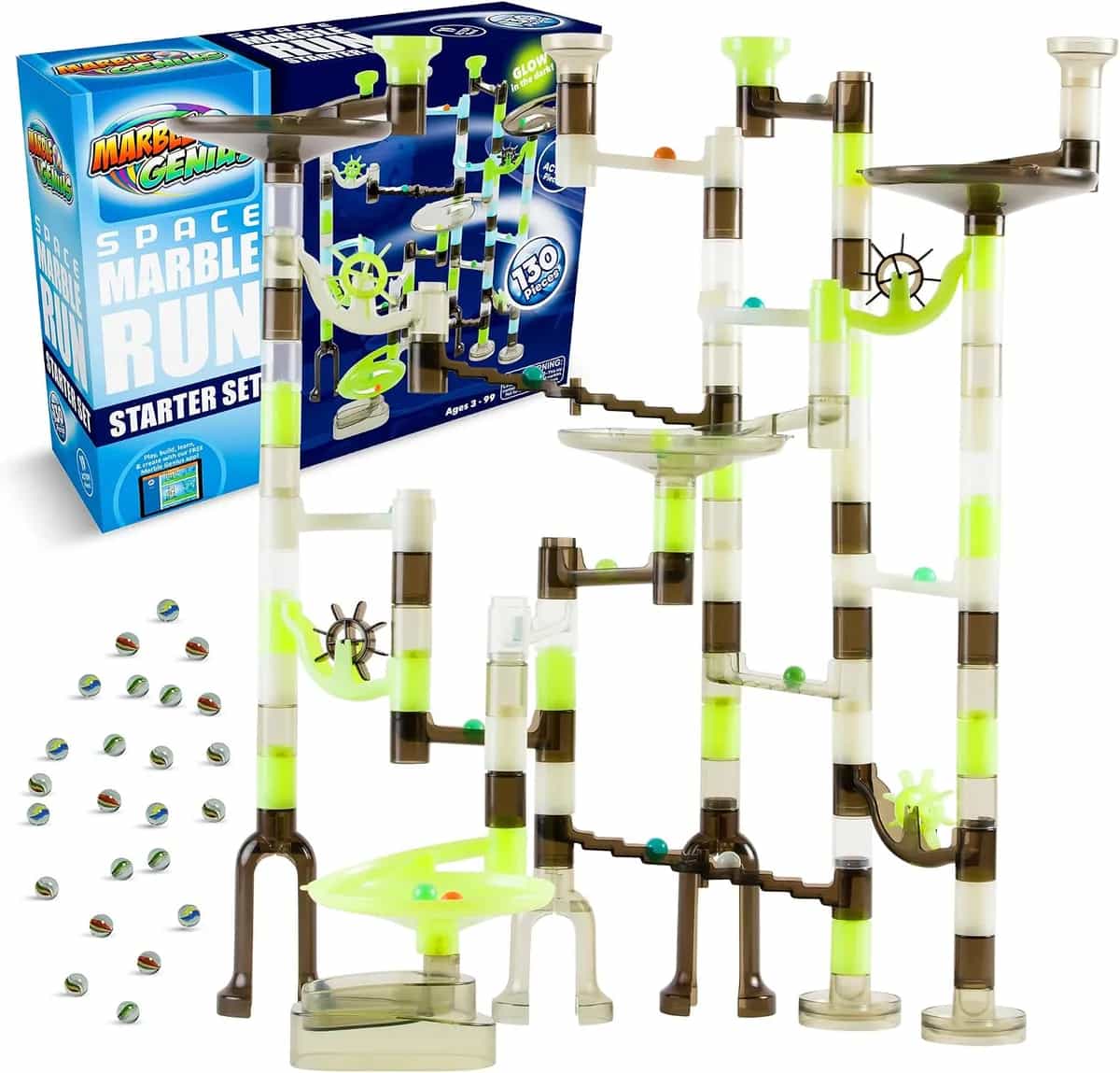 Marble Genius Set inicial de pista de canicas STEM para niños de 4 a 12 años - 130 piezas completas (80 piezas marbulosas translúcidas y 50 canicas de vidrio), juguetes de bloques de construcción, tema (es