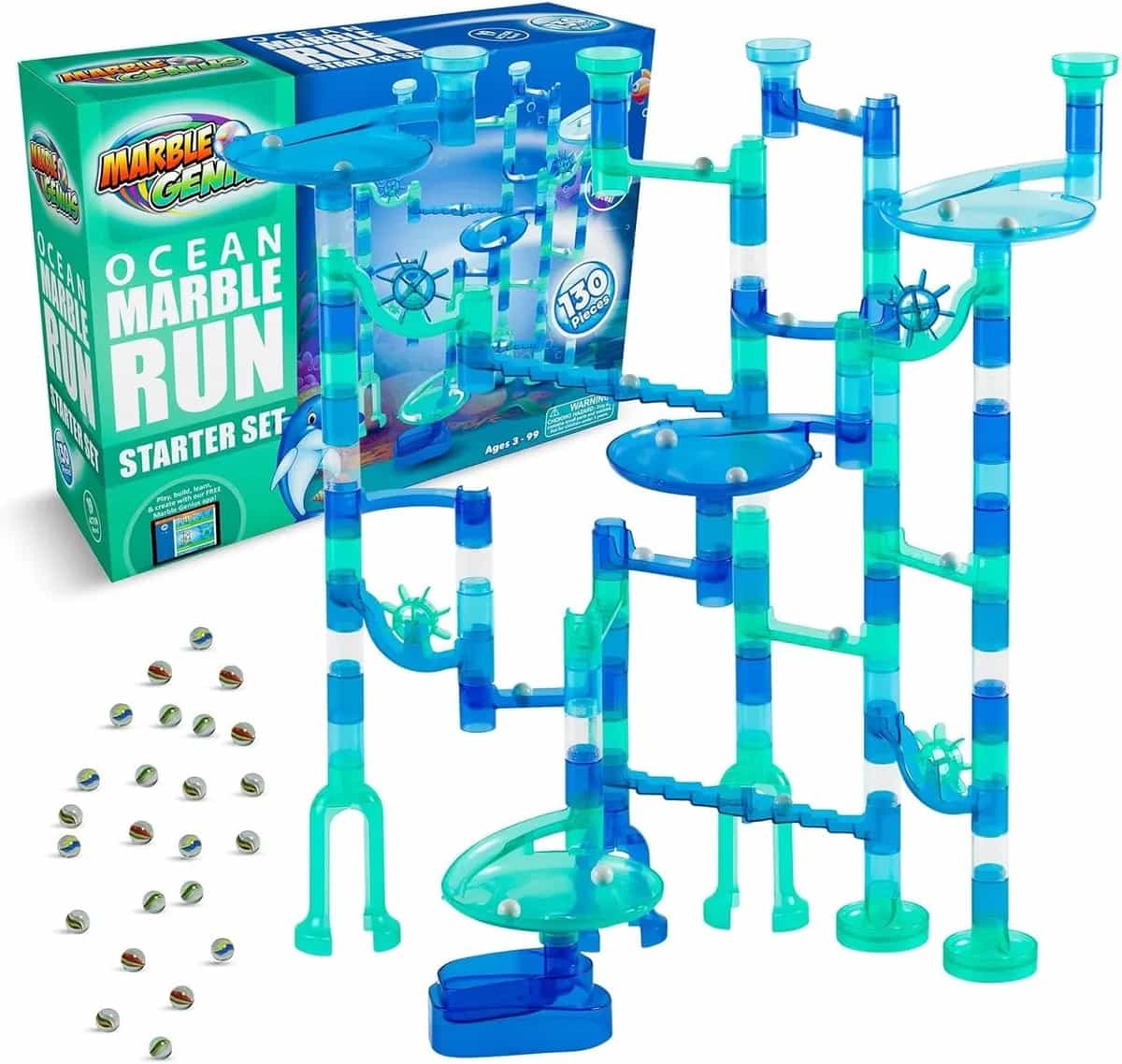 Set inicial de pista de canicas Marble Genius, juguete STEM para niños de 4 a 12 años - 130 piezas completas (80 piezas de canicas translúcidas y 50 canicas de vidrio), juguetes de bloques de construcción, tema (oc