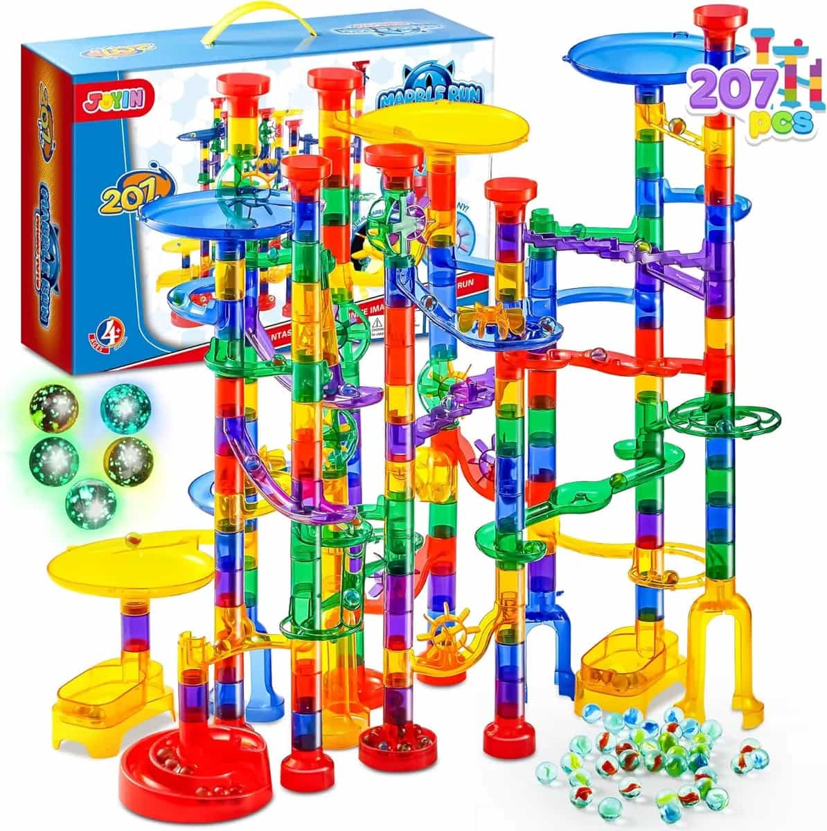JOYIN 207 piezas de canicas brillantes, bloques de construcción de juguetes con 5 que brillan en la oscuridad, juguete STEM para niños y niñas, juguete educativo, regalos de cumpleaños, rellenos de ca