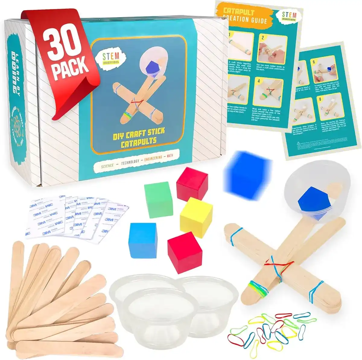 Kit de catapulta, paquete de 30 - Kit de proyectos STEM a granel para aulas, mayores de 8 años | Construye 30 mini catapultas con suministros precontados para una clase completa, práctica de física de
