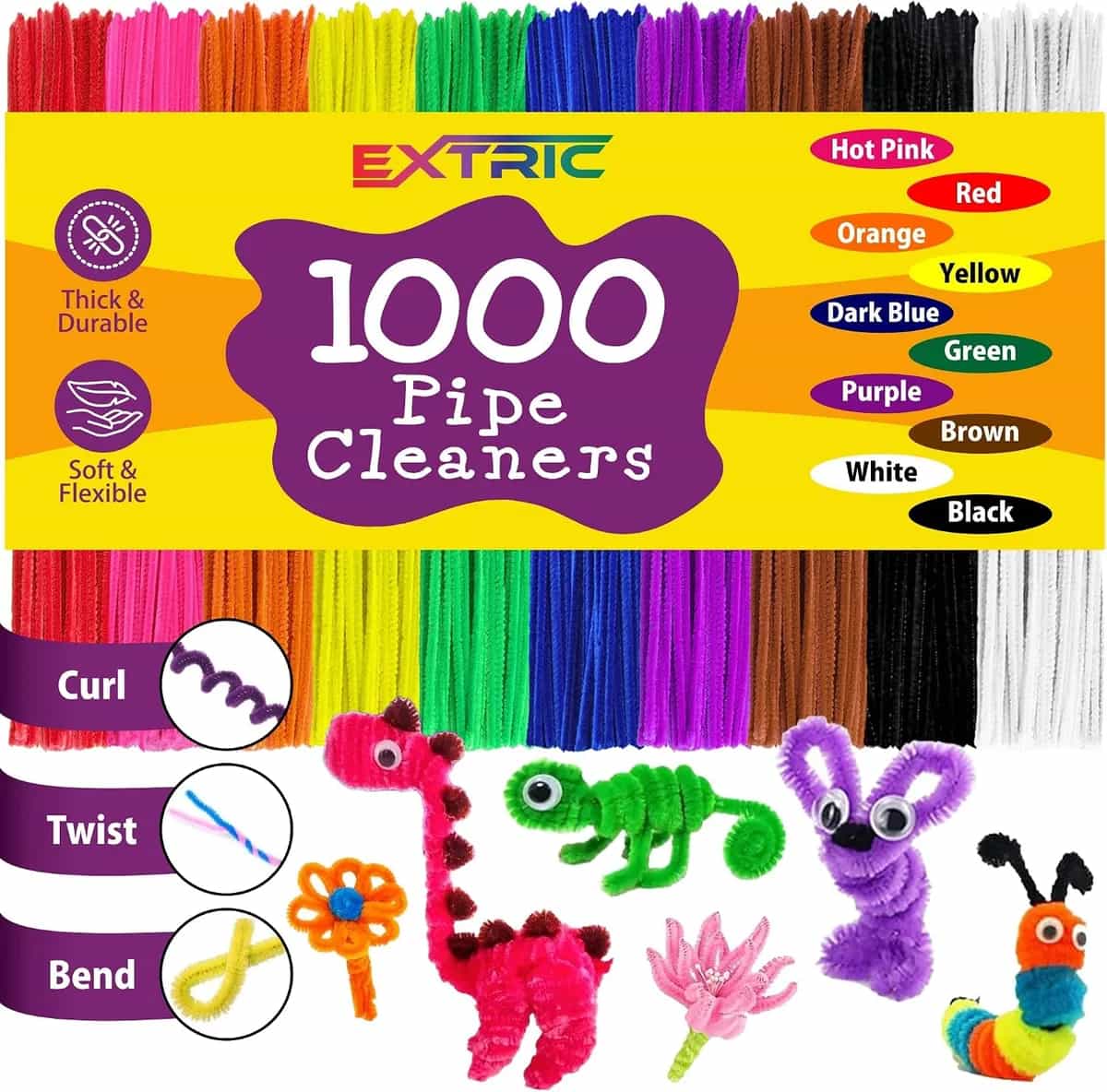 Limpiapipas para manualidades, 1000 piezas de tallos de chenilla multicolores, varillas peludas de 6 mm x 12 pulgadas, 10 colores surtidos para proyectos y decoraciones de manualidades y manualidades