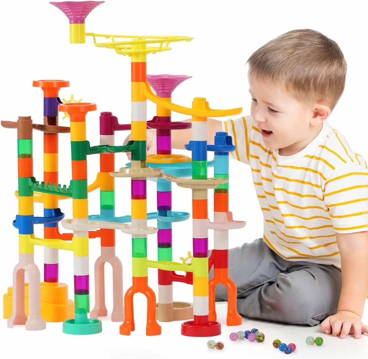 MaxTronic Marble Run Kit, 166 piezas de bloques de construcción de laberinto de mármol para niños, juguetes de aprendizaje STEM, juego de carreras de pista de mármol con 30 canicas de vidrio que brill
