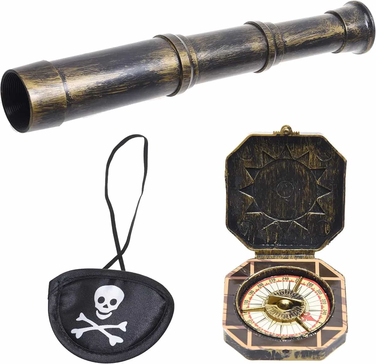 Telescopio y brújula para cosplay con parche en el ojo con temática pirata, decoración de accesorios de fiesta retro antiguo, reloj de sol vintage del tesoro, parche para el ojo del capitán del barco