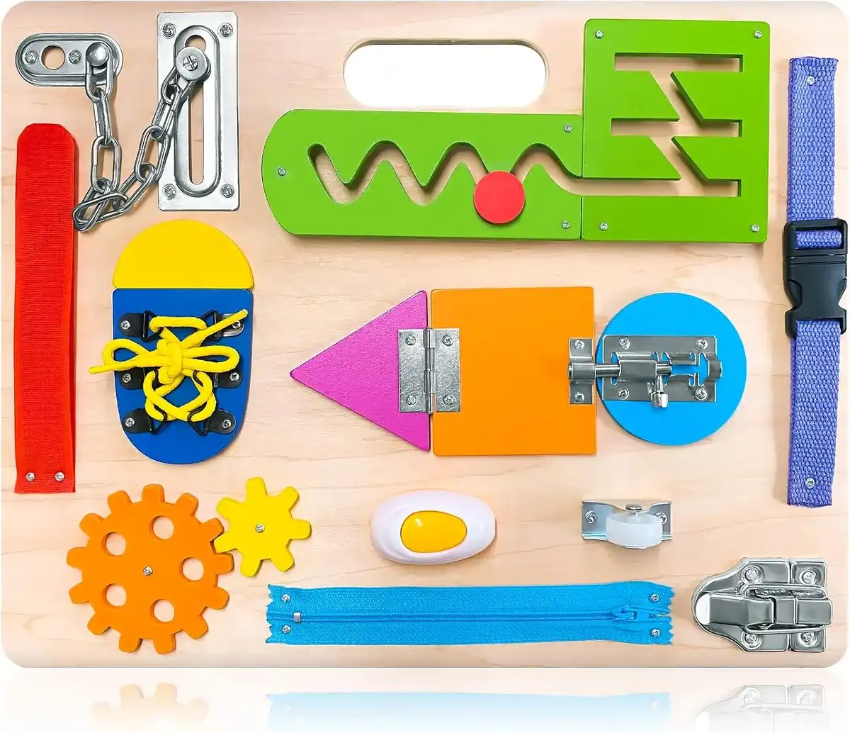 Tablero ocupado Montessori para niños pequeños, juguetes sensoriales de madera, actividades de aprendizaje preescolar para habilidades motoras finas, juguete de viaje, habilidades básicas para la vida