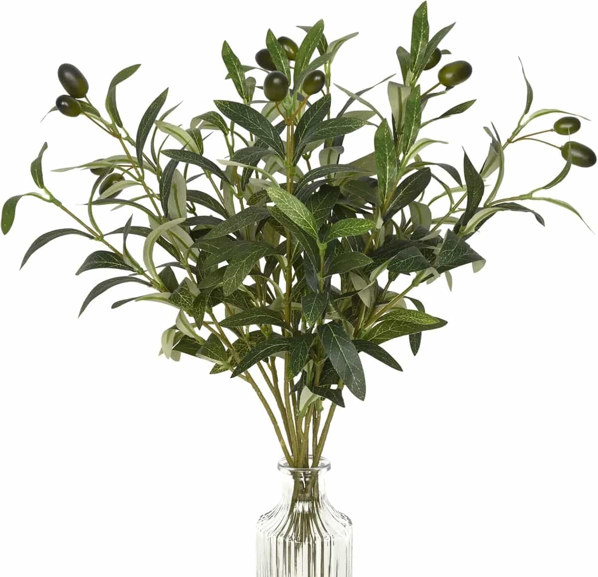 Ramas de olivo artificiales para jarrones, ramas de olivo con aceitunas realistas, decoración de tallos verdes artificiales para centros de mesa, arreglos florales, jarrones (3 piezas, 18 pulgadas)