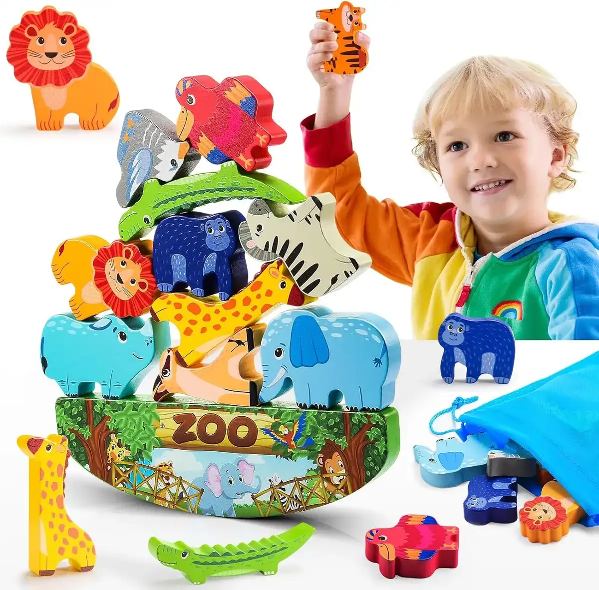 IPOURUP Bloques de animales de madera Juguete apilable Niños Regalos de cumpleaños de Navidad para niños Niñas Edad 3-7 Animales Montessori Juguetes para niños pequeños 3 4 5 6 7 8 años Niños Niñas Ju