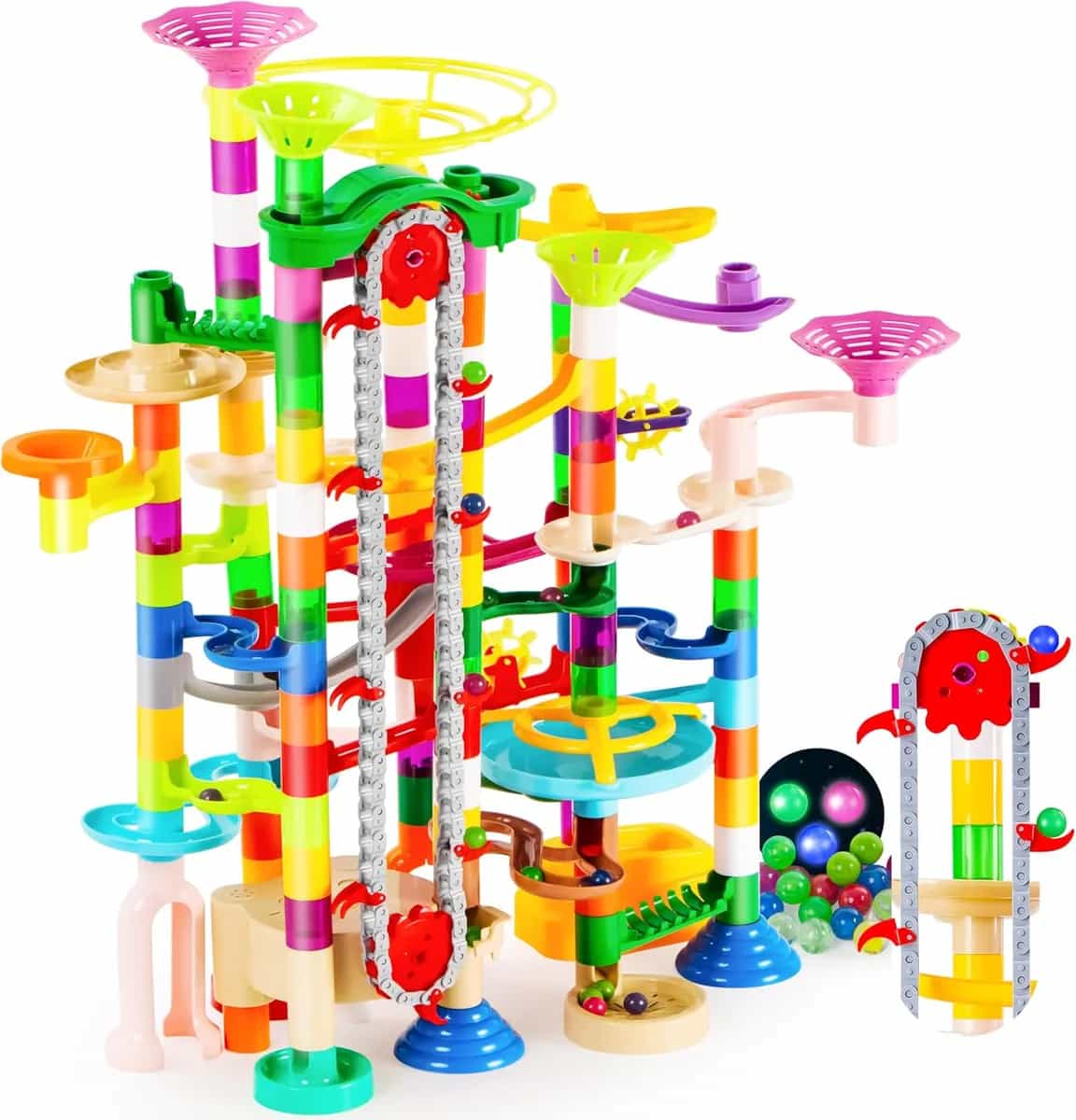 JOYIN 236 piezas de canicas brillantes con ascensor motorizado - Bloques de construcción de juguetes con 30 canicas de plástico que brillan en la oscuridad, juguete STEM para niños y niñas, regalo de