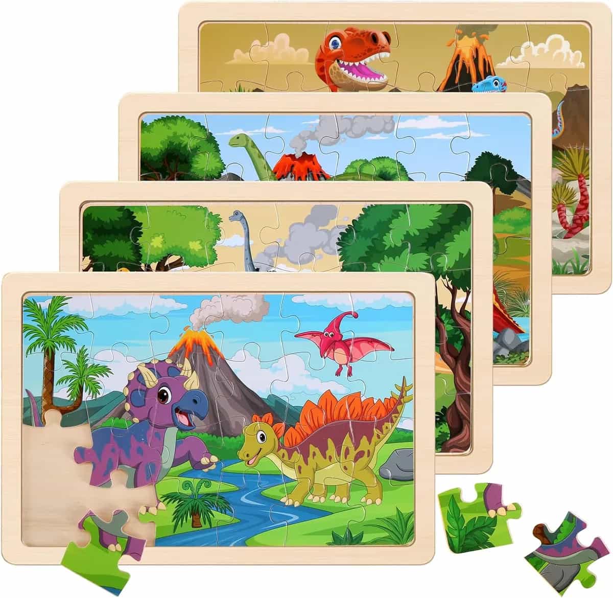 Rompecabezas de Madera de Dinosaurios para Niños de 3 a 5 Años, Set de 4 Paquetes con Rompecabezas de Madera de 20 Piezas, Tableros Educativos Preescolares de Acertijos Mentales para Niños y Niñas de