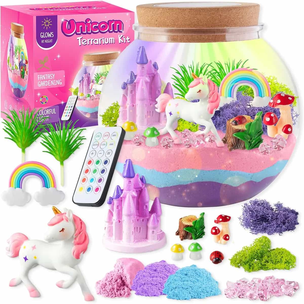 Kit de terrario con luz LED de unicornio JOYEEMAX para niños - Luz nocturna LED, regalo de cumpleaños para niñas de 4, 5, 6, 7, 8 a 12 años - Juguetes de unicornio para niñas - Kit de manualidades y a