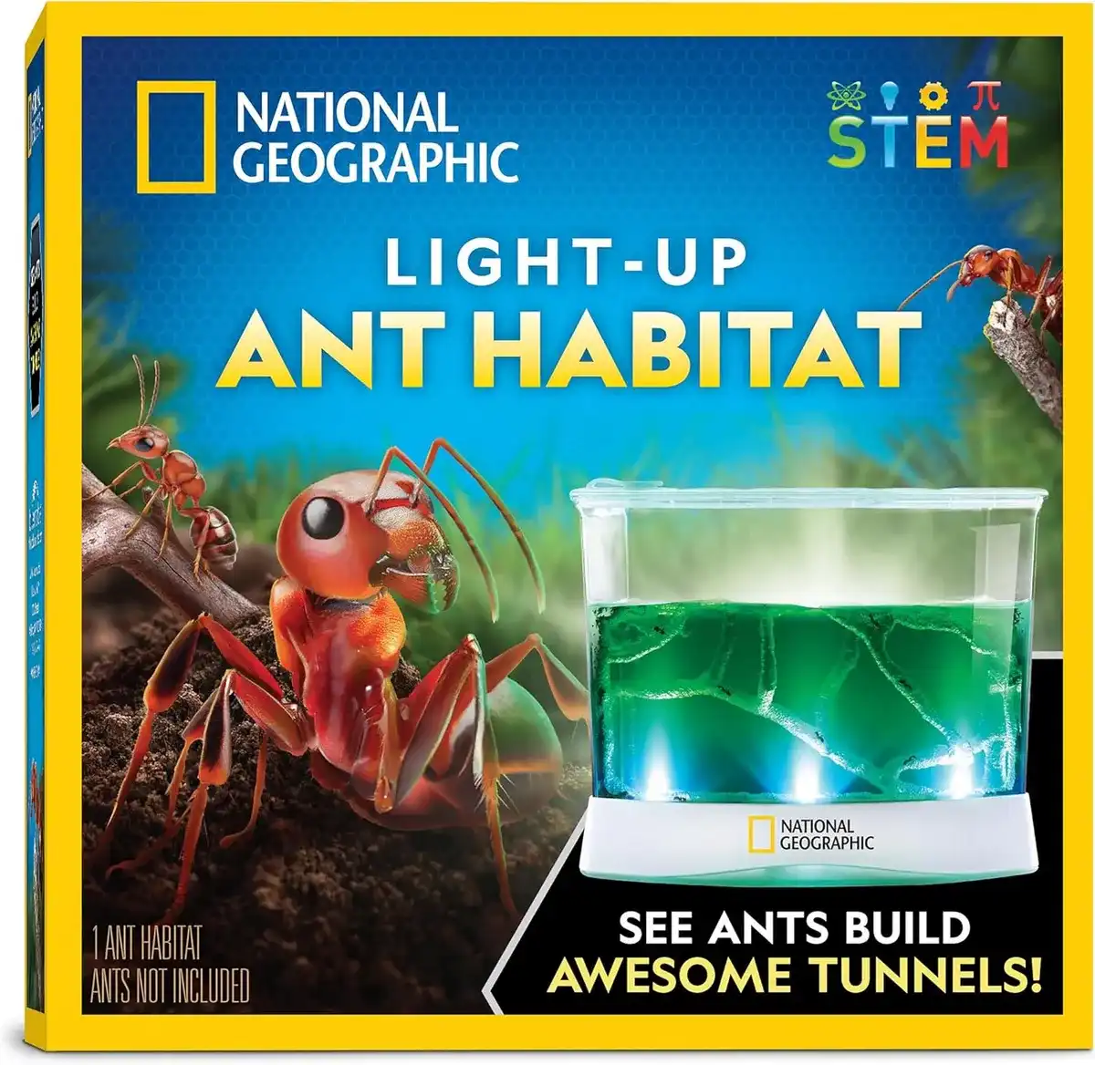 Kit de hábitat de hormigas iluminado para niños de National Geographic con lupas | Terrario iluminado para hormigas, lupas integradas, herramienta para iniciar túneles, visualización de 360 grados,