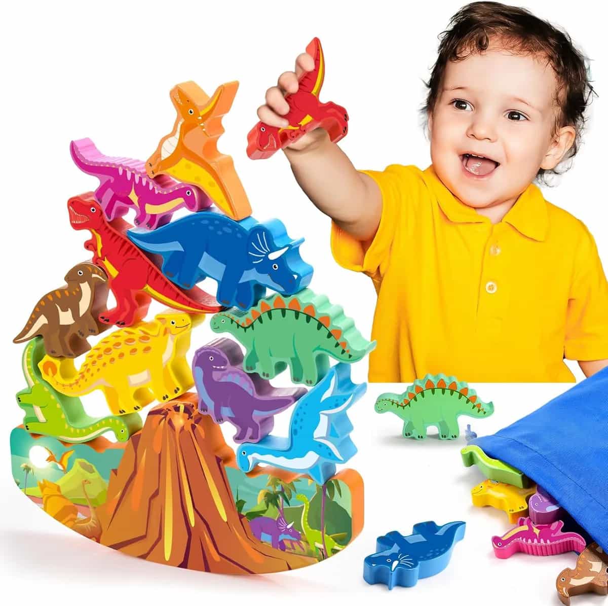 IPOURUP Juguetes de dinosaurio para niños de 3 a 8 años, bloques apilables de madera, juguete Montessori para niños de 3, 4, 5, 6, 7, 8 años, regalos de cumpleaños de Navidad, juego de equilibrio para