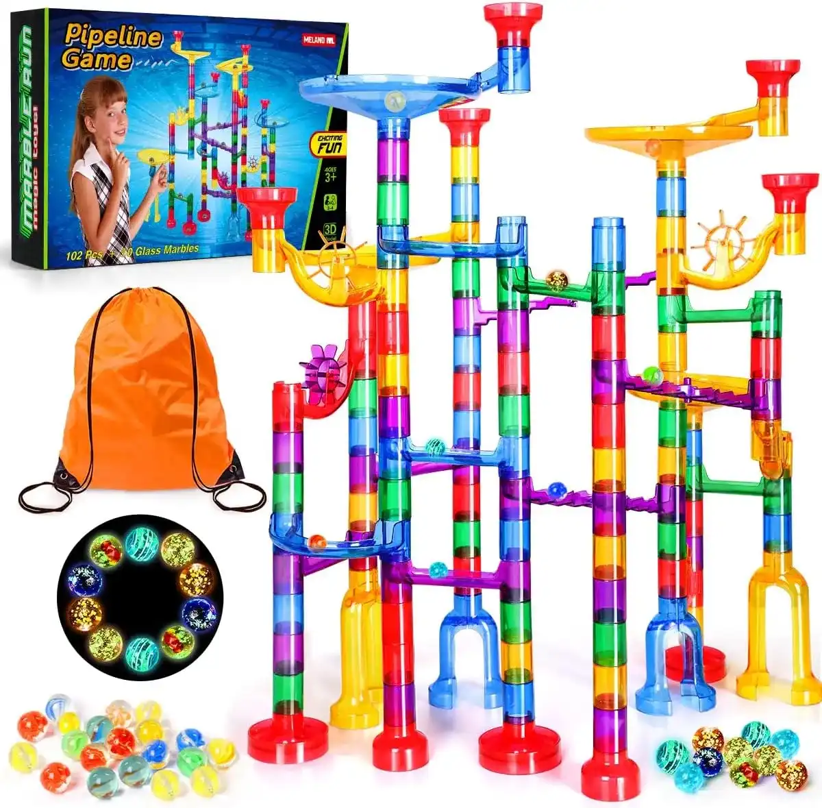 Meland Marble Run - Juego de laberinto de mármol de 132 piezas, juguete de construcción para niños, juego de carreras de pista de mármol y juguetes de aprendizaje STEM para niños de 3, 4, 5, 6, 7, 8 y