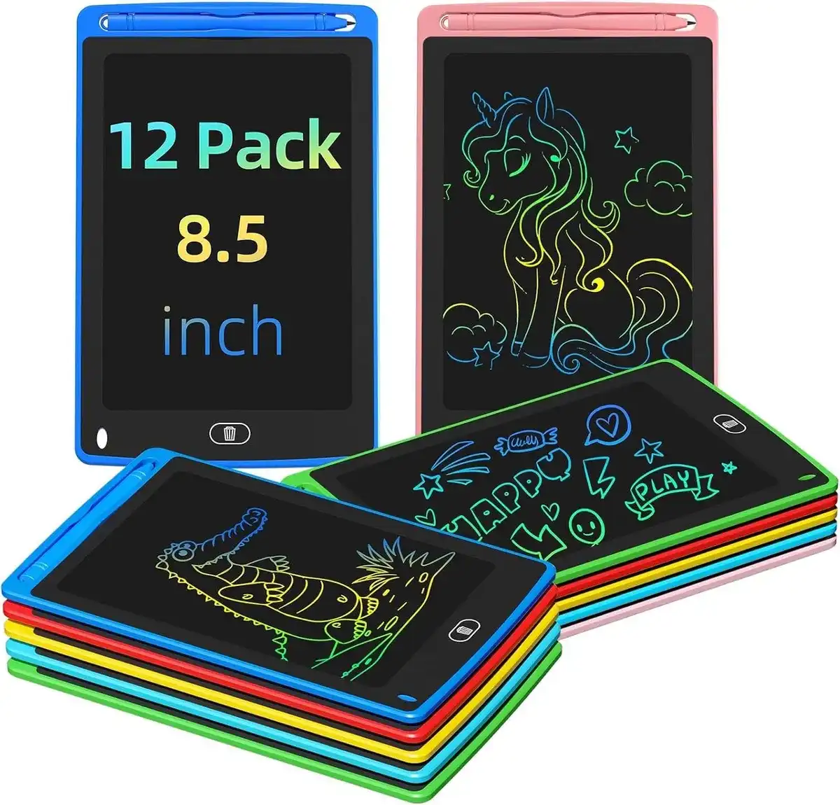 Party Favor Paquete de 12 tabletas de escritura LCD para niños, tablero de dibujo colorido de 8,5 pulgadas, bloc de dibujo borrable para niños pequeños, juguetes educativos de aprendizaje, regalos de
