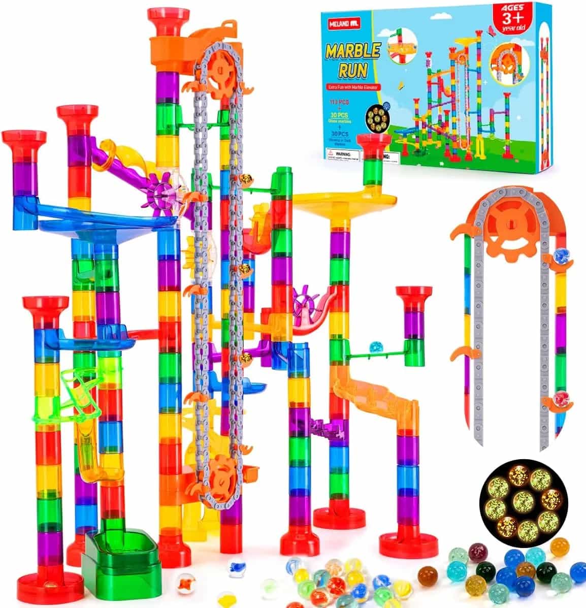 247 piezas de canicas con ascensor motorizado, bloques de construcción de juguetes con 30 canicas de vidrio y 30 canicas que brillan en la oscuridad, regalos STEM para niños y niñas