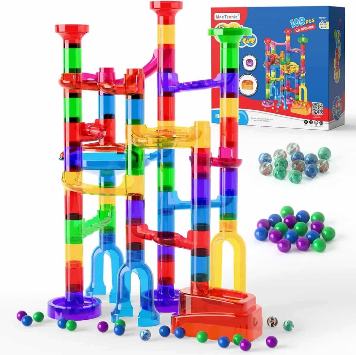 MaxTronic kit de carrera de canicas, 109 piezas, bloques de construcción de carrera de laberinto de canicas, juego de juguetes y juguetes de aprendizaje STEM, regalo de cumpleaños de Navidad para niño