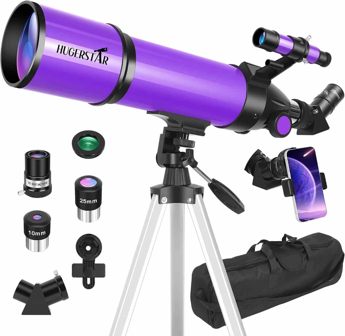Telescopio para adultos y niños, refractor de 80 mm de apertura y 600 mm | Telescopios portátiles, para principiantes en astronomía, observación de estrellas, con óptica FMC, trípode AZ, adaptador par
