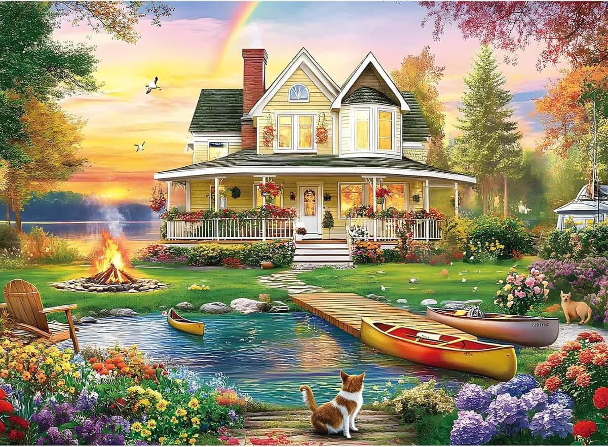 Rompecabezas de 300 piezas para adultos, Rompecabezas para ancianos de piezas grandes, Villa junto al lago con gato y jardín, Regalo divertido para niños y adultos en familia, 20.5x15 pulgadas