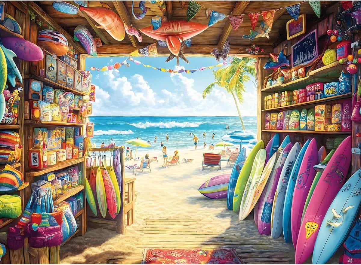 Rompecabezas de 300 piezas para adultos y niños, tienda de surf junto al mar, 20,5 x 15 pulgadas