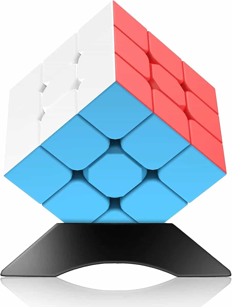 Cubo de velocidad 3x3 sin pegatinas con soporte y juguete tutorial de regalo para niños de 6 a 12 años | Rompecabezas para resolver problemas, rompecabezas sensorial de fácil giro, cesta de relleno, e
