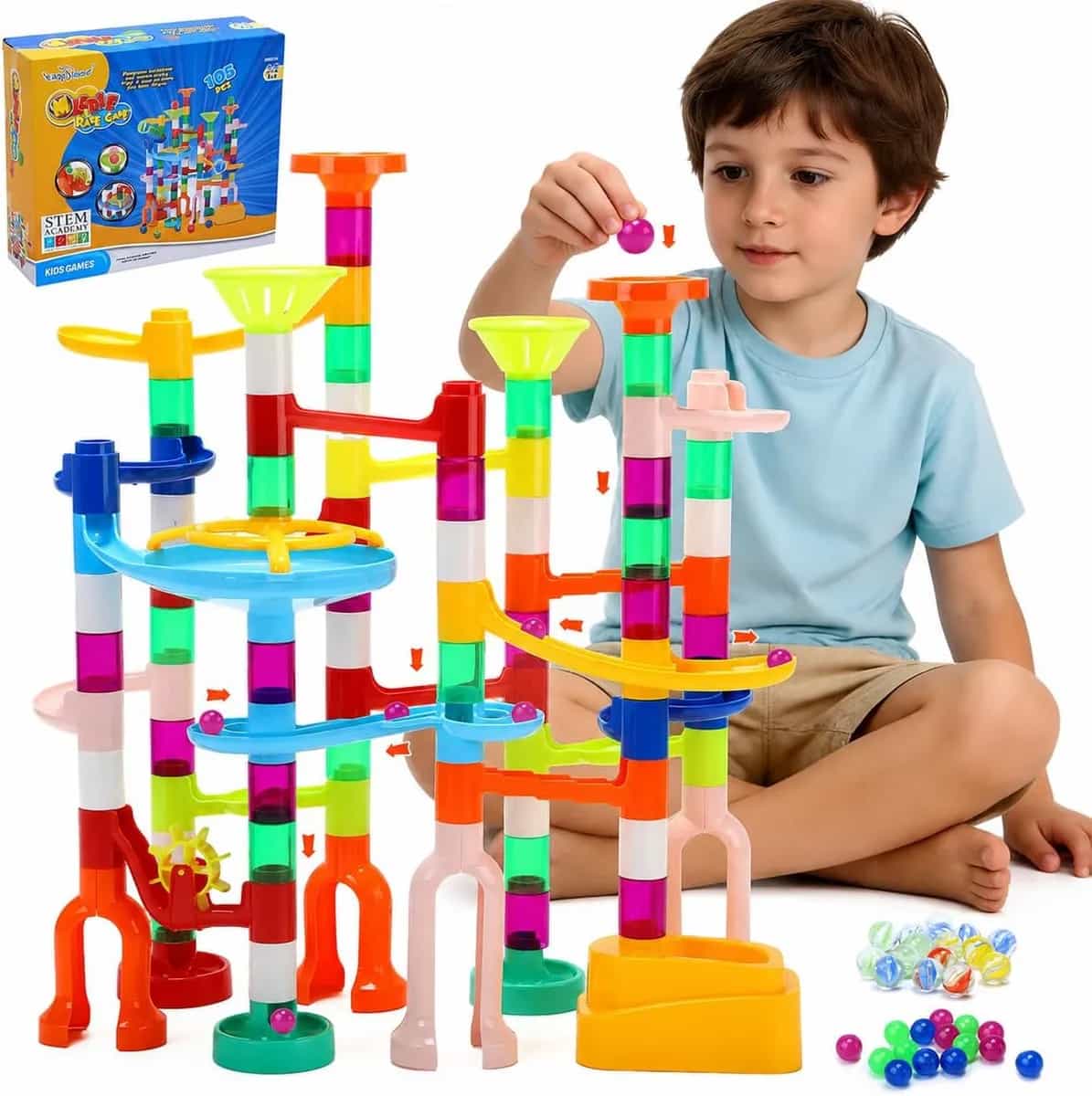 EagleStone Kit de pista de canicas de 105 piezas Laberinto de canicas Juego de juguetes de construcción | Canicas de plástico y vidrio, juego de pista de carreras para construcción STEM, regalo de cum