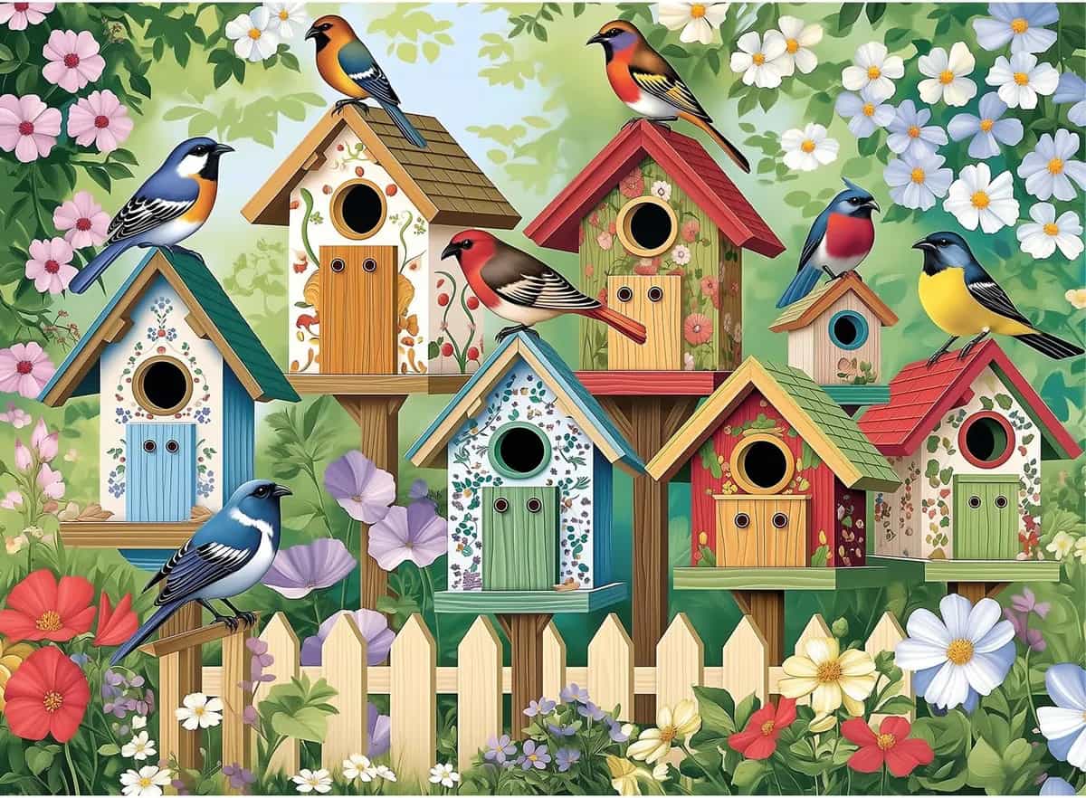 Rompecabezas de 500 piezas para adultos, coloridas aves de jardín y casas para pájaros