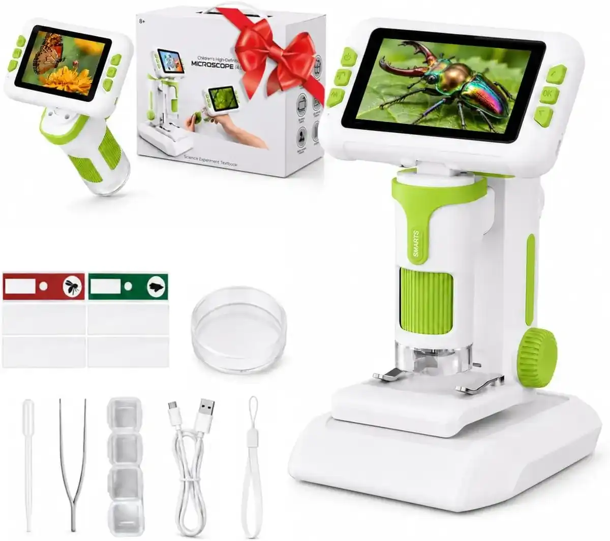 Microscopio 1600X para niños, microscopios para niños con pantalla digital 4K de 4.0 pulgadas con kit de diapositivas, microscopio de mano, kits de ciencias para niños, juguetes STEM para regalos de c