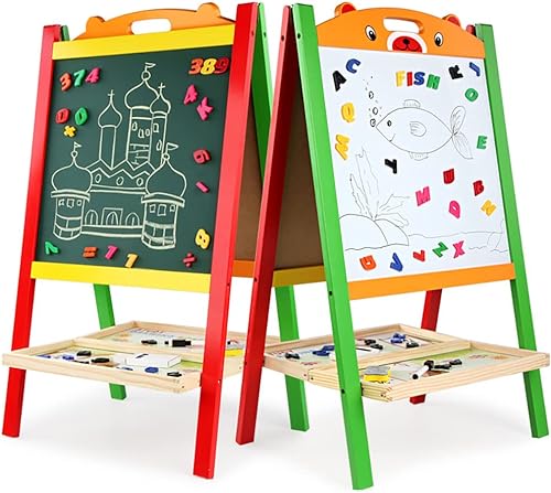 Caballete de madera para niños de doble cara - Pizarra blanca de pie como juguete para niños pequeños - Incluye números ABC de madera