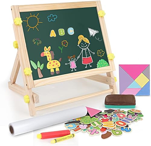 Caballete de mesa de madera para niños con rollo de papel y pizarra magnética 2 en 1