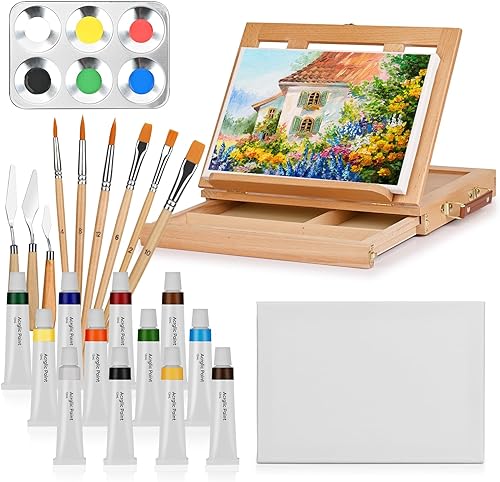 ¡Pinta y crea obras de arte con este set completo de pintura acrílica! Incluye caballete de madera portátil