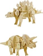 ¡Dinosaurios de madera que cobran vida! Arma y juega con este set de 2 dinosaurios 3D que caminan: Stegosaurus y Triceratops.