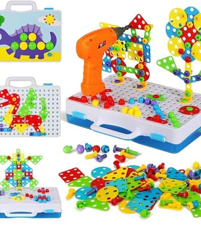 ¡Construye y aprende con este juego de bloques de construcción y taladro! 224 piezas para crear mosaicos y figuras geométricas