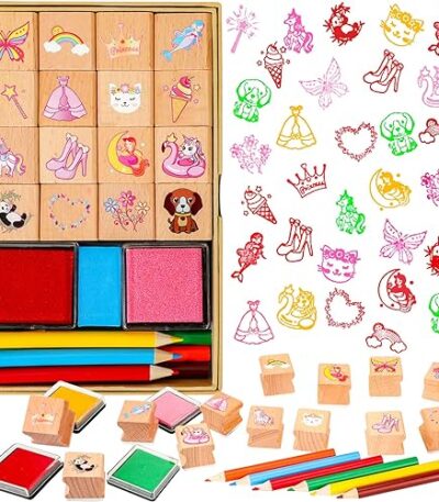 ¡Decora tus proyectos con este set de sellos para niños! Incluye sellos de madera con motivos festivos