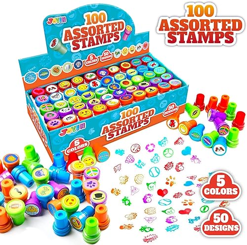 100 sellos autoentintables para niños; variedad de 50 diseños en plástico