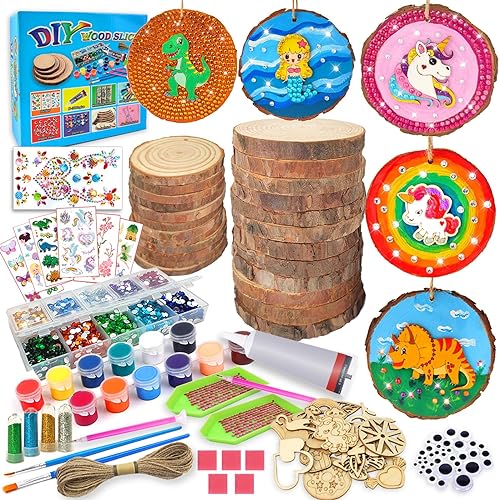 Kits de arte y manualidades con rebanadas de madera y gemas para niños de 6 a 12 años