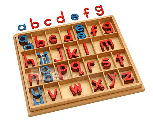 Montessori pequeño alfabeto movible de madera con caja (rojo y azul, 0.19 in de espesor)