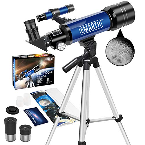 Telescopio Emarth, telescopio de viaje, telescopio refractor astronómico de°70°mm con trípode y localizador, portátil, telescopio para niños de nivel inicial (color azul)