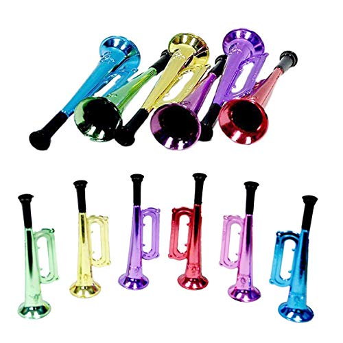 Kicko Juguetes metálicos de trompeta – Paquete de 12 – Colores surtidos – Bocina de plástico brillante para niños, recuerdo de fiesta, clase de música, juego de simulación, accesorios de escenario, 6