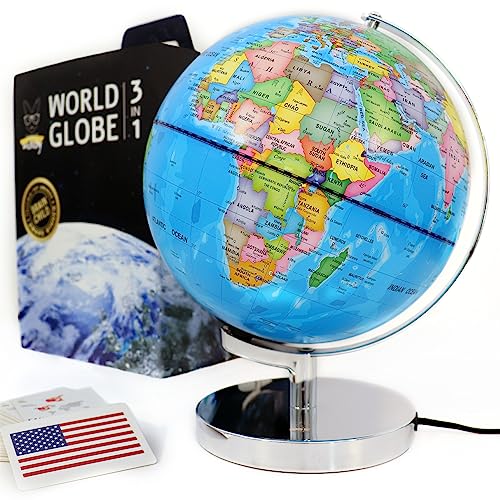 Globo del mundo educativo iluminado de 9 pulgadas + banderas STEM y países. Juego de cartas interactivo 3 en 1 para niños, mapas políticos y de constelación, lámpara de luz nocturna LED