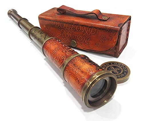 Telescopio de trabajo antiguo náutico de latón/réplica de cristal espía en caja de cuero, con óptica de vidrio, extensible a 16 pulgadas, hecho de latón puro, alcance decorativo