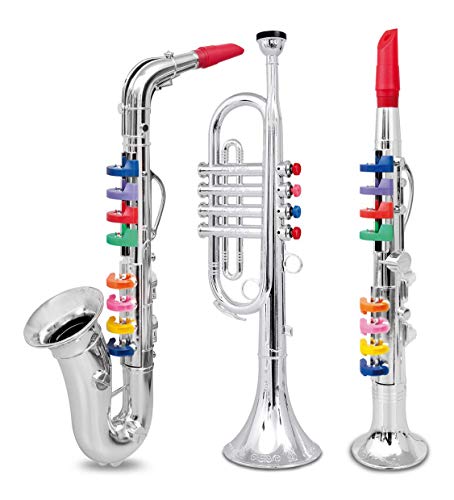 Click N' Play Set de 3 Instrumentos Musicales para Niños Saxofón de Trompeta y Clarinete con Llaves – Plateado Metálico
